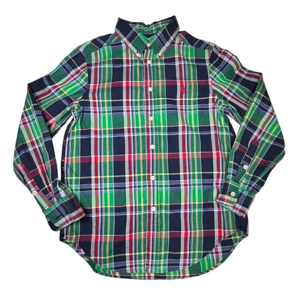 Ralph Lauren Boys Plaid Shirt Sz. M 10-12 Green Button Down 100% Cotton Pony